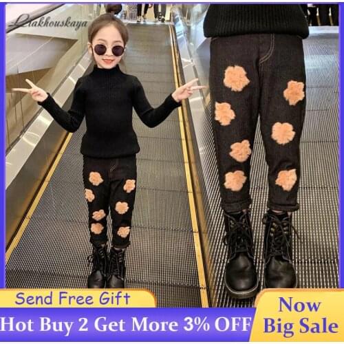 New Girls Spring Jeans Girl Elastic Waist Print Jeans Kids Flower Embroidery Jeans Toddler Baby Tight Pants Fashion Casual Jeans