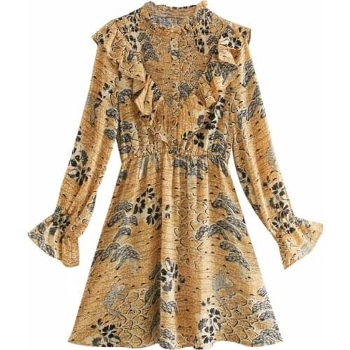 Elegant Women Cascading Ruffle Printed Mini Dress Vintage Femme Long Sleeve Loose Clothes Casual Lady Vestido D6560