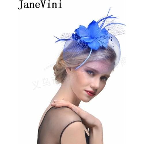 JaneVini Blue Vintage Wedding Hats and Fascinators for Women Elegant Feather Bridal Hair Band Clip Party Prom Hair Accessories