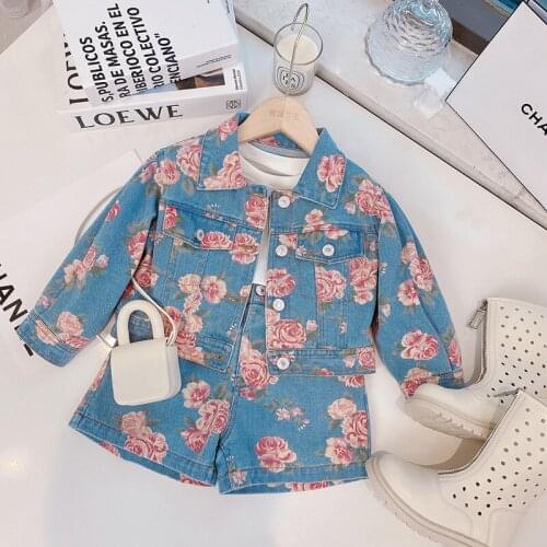 2021 Korea style boys girls 2 pcs floral denim set coat+shorts autumn cotton kids suit 4-9 years