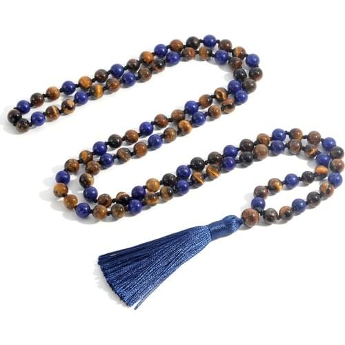 Lapis Lazuli Yellow Tiger Eye 108Mala Beaded Knotted Long Necklace Meditation Yoga Blessing Japamala Tassel Men&Women Jewelry