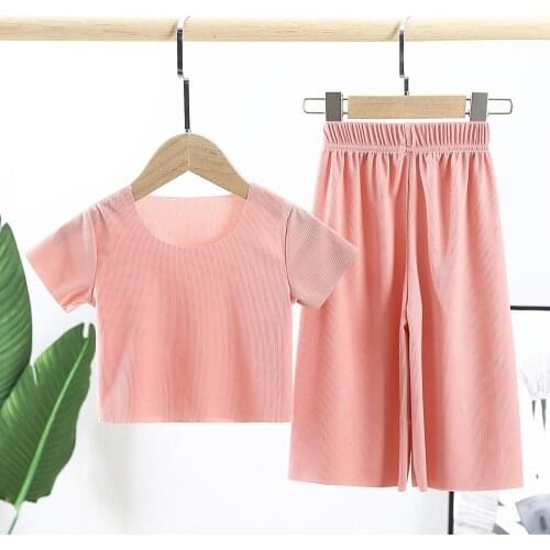 2021 Summer Girls Clothes Suit Cotton T Shirt Children Short-Sleeved Korean Style Wide-Leg Pants Childrens Ice Silk Clothing