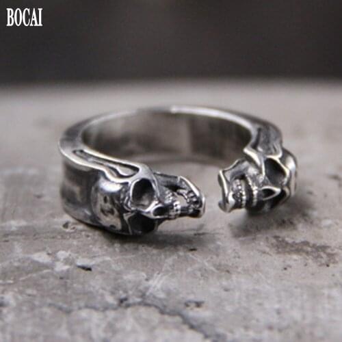 BOCAI 2020 Thai silver man ring unique personality New real solid S925 pure silver vintage carving skull open ring for man