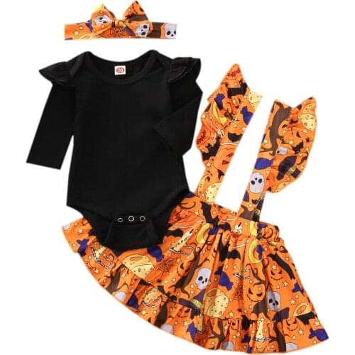 2020 New Halloween Newborn Baby Girls Autumn 3Pcs Set Ruffled Long Sleeve Bodysuit+Bat Skull Candy Print Suspender Skirt+Bow