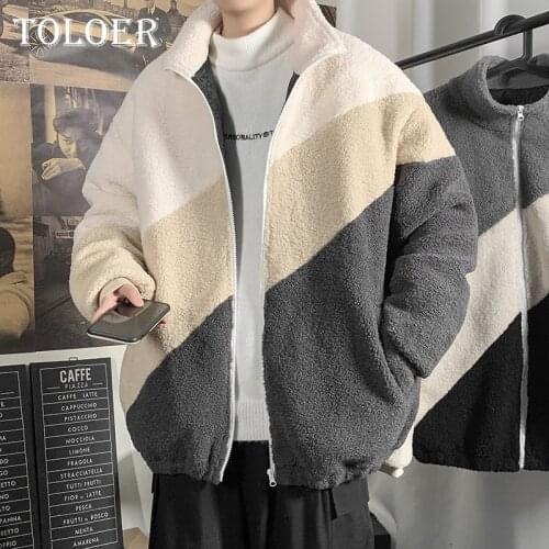 2021 New Jacket Men Winter Thick Hong Kong Warm Fleece Stitching Coat Mens SportsWear Tracksuit Mens Fluffy Fleece Hooded Coat