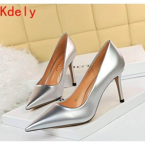 New Women Yellow Blue 8.5cm High Heels Pumps Patent Leather Female Scarpins Office Pointed Toe Tacons Pumps Shoes Plus Size