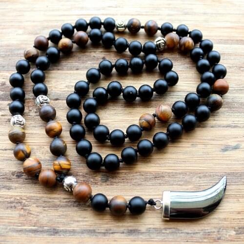 New Design 8MM Tiger stone bead Black Mens Hematite horn tooth pendants Necklace Fashion Jewelry horn tooth pendants