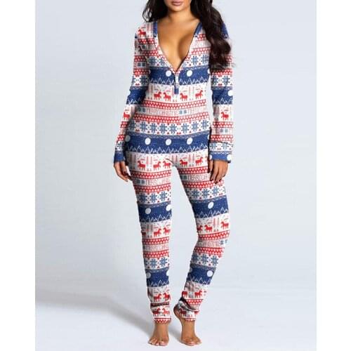One Piece Adults Winter Sexy Tights Long Pants Christmas Print Functional Buttoned Flap Conjoined Jumpsuit Pajamas For Women