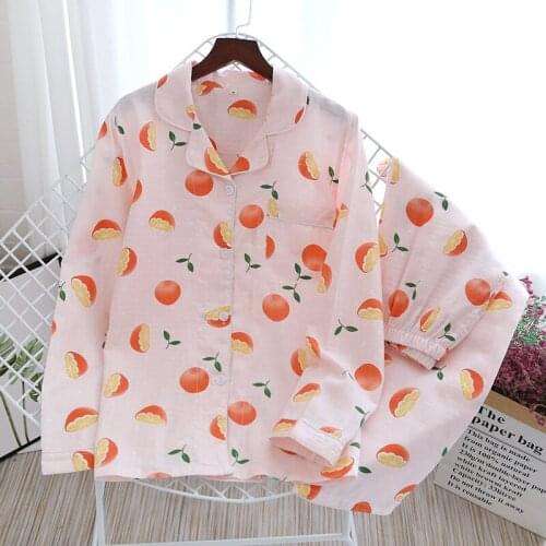 Spring/Autumn Pajamas Set Women Pure Cotton Gauze Pomelo Long Sleeve Pants Ladies Sleepwear Set Loose Comfy Female Homewear