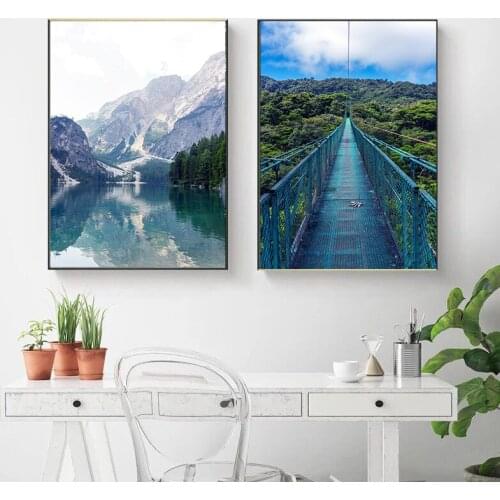 Self-adhesive Wall Stickers Mountain Lake Forest Bridge Landscape Picture Poster Scenery Nature Wall Art Prints Home Decoration