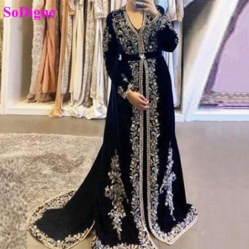 Sodigne Moroccan Caftan Formal Evening Dresses Embroidery Appliques Muslim Evening Gowns Long Sleeves Arabic Party Dress