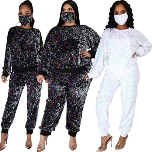 Sparkling Sequins Women Casual Three Piece Sets Autumn New Arrivals O-neck Tops + High Waist Sport Pants Plus Size Tracksuits