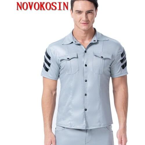 XX158 S-3XL 2019 Fashion Light Color Faux Leather Men Sexy Two Pockets Tops Tees DS Motorbike Short Sleeves Shirts With Button