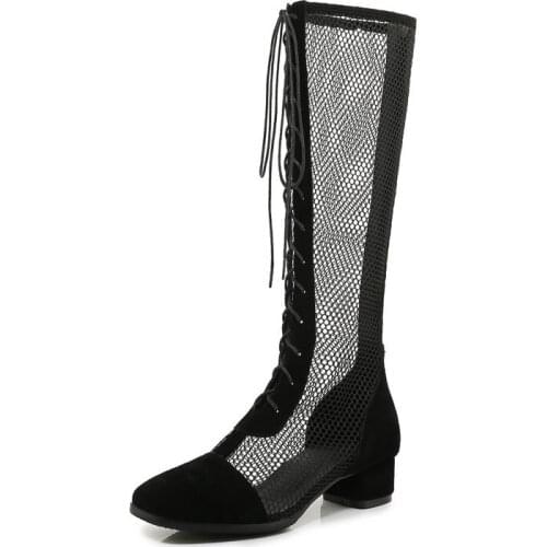 Lace Up Summer Boots Spring Newest Brand cow suede Leather med Heels shoes Wedding Party Shoes Woman