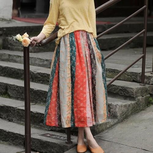 Women Spring Summer Double Layer Ramie Skirts Ladies Elastic Waist Vintage Skirt Female 2021 Patchwork Skirts