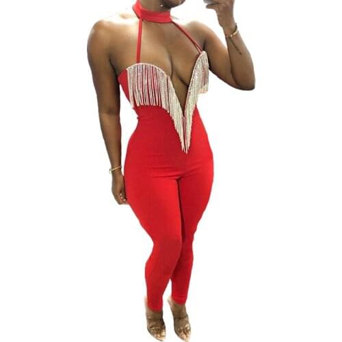 2020 Women Sexy Strapless V Neck Bandage Romper Backless Night Club Overalls Bodysuits Tassel Halter Jumpsuit