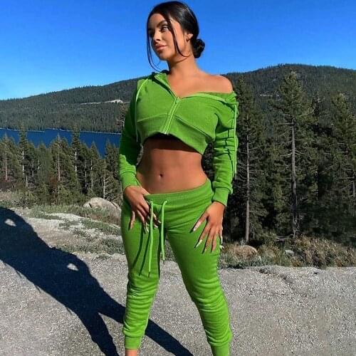 2 Piece Set Casual Fashion Women Suit Summer 2021 Solid Hooded Long Sleeve Crop Tops Drawstring Pencil Pants Sets Femme Outfits