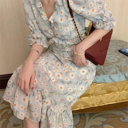 2021 Summer Dress Korean Women Solid V-Neck High Waist Floral Dress for Women Casual Temperament Long Dresses Vestidos 14467