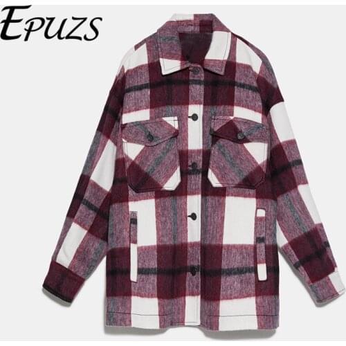 Fashion Khaki green plaid jacket women casual long sleeve oversized coat vintage women wool coat 2020 Korean outwear