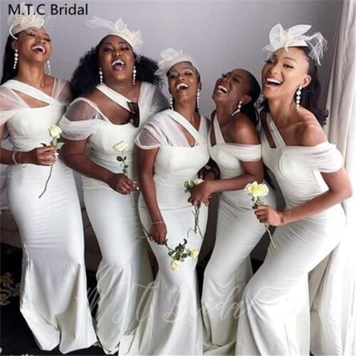 White Mermaid African Bridesmaid Dresses New Design Long Maid Of Honor Dress Plus Size Black Girls Prom Wedding Party Gown Cheap