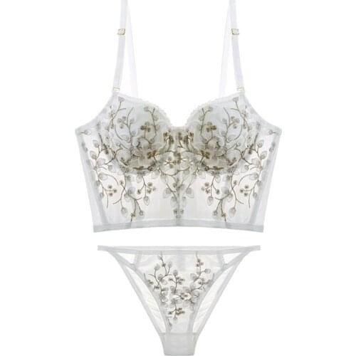 White Floral Lace Bra And Panty Sets For Women Thin Padded Underwire Push Up Bras Embroidery Underwear Female Sexy Lingerie Set