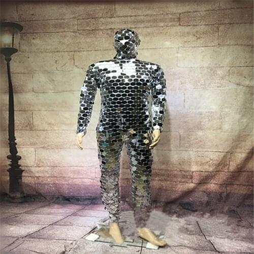 DC77 Ballroom dance men robot mirror suit women stage show costumes singer silver clothes models performance catwalk wears dj
