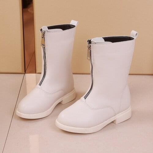 Childrens Martin Boots Girls Students Shoes Front Zipper In The Tube Boots Autumn and Winter Velvet Kids Boots Girls Leather 29