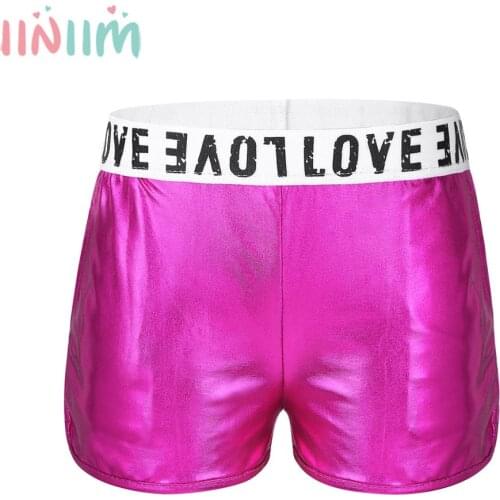 Kids Girls Glossy Metallic LOVE Printed Elastic Waist Shorts Bottoms for Dancing Stage Performance Gymnastic Workout Dancewear