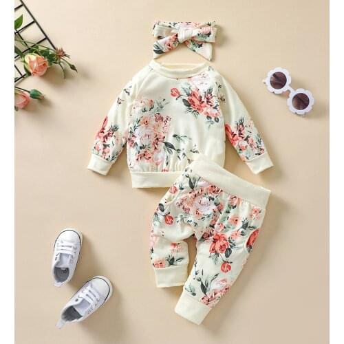 3Pcs Kids Autumn Tracksuit, Flower Print Round-Neck Long Sleeves Pullover + Pants + Hairband for Girls, 0-2 Years