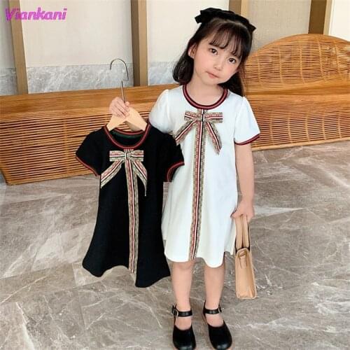 Princess Patchwork Party Costumes Dress Kids Girls 2021 Summer New Bowtie Casual Outfits Short Sleeves Bowknot Party Dresses