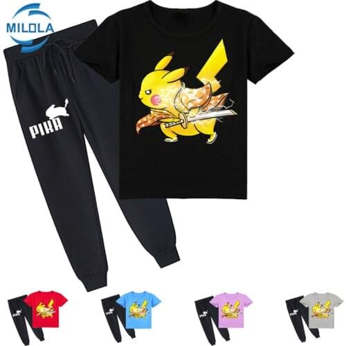 Pokemon Children 2-16Years Boys T-shirt +Trouser Suit Pikachu Girl Shirt Hip-hop Top Boys Kids Sports Halloween Clothes Set