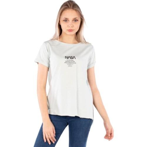 Nasa Printed Side Slit T-SHIRT-MİNT YEŞİLİ