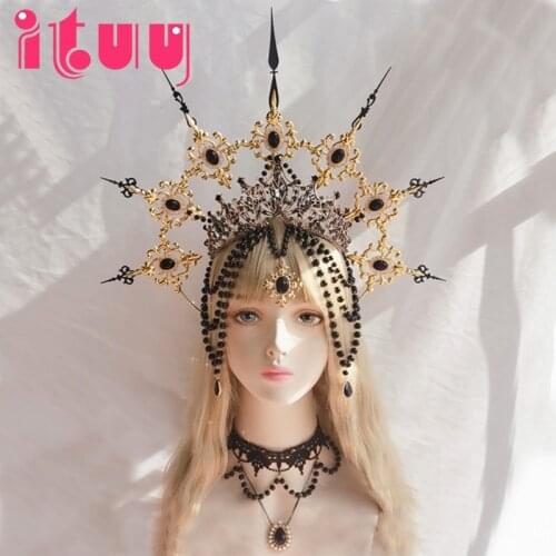 Gothic Lolita Black Bead Chain Crown Goddess Sun KC Halo Headband Gorgeous Vintage Mary Baroque Tiara Headwear