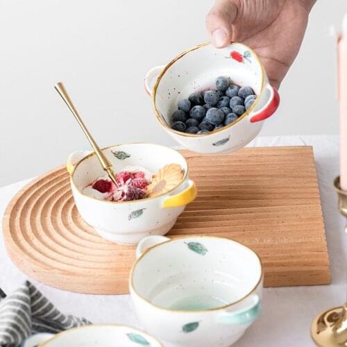 320Ml Exquisite Dual Handle Ceramic Bowl with Handle 6Inch Tableware Dessert Snack Container Rose Lemon Blueberry Radish Pattern