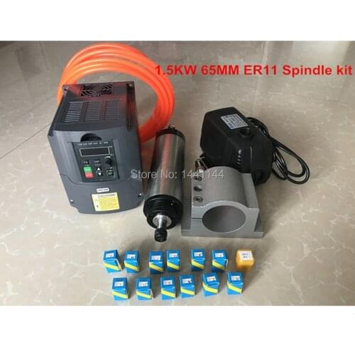 CNC Router Spindle Kit 1.5kw Water Cooled Spindle Motor 65mm + 220v VDF Inverter +65mm Clamp +80w 3.5m Pump +5m Pipe +1set Er11