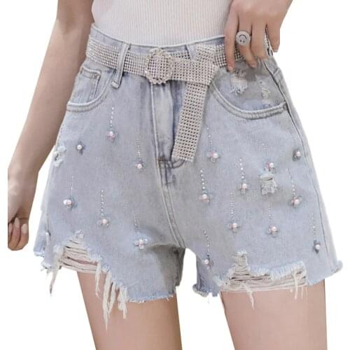 2020 Best-selling Pearl Three-dimensional Denim Small Flowers Fashion Shorts Womens Distressed Wear Out Cowboy Casual Shorts
