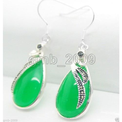 Hot sell new - 925 Sterling Silver Natural Green Emerald Jade Gemst Marcasite Dangle Earrings