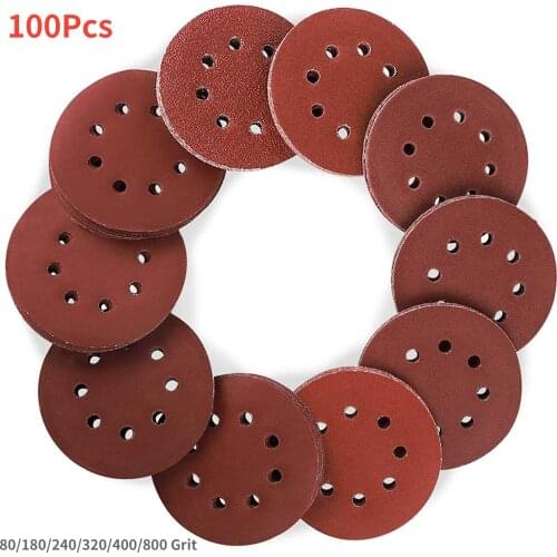 100Pcs 5inch 8 Hole Disc Sander Flocking Sandpaper Sand Alumina Air-grinding Polishing Set for Furniture Wood Metal 125mm