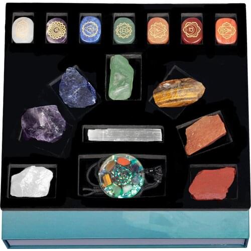 TUMBEELLUWA 7 Chakra Stones Starter Kit,Polished Engraved Stones,Orgone Pendant Necklace,Selenite Wand Healing Crystal Reiki Set