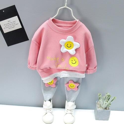 Baby girl clothes spring autumn cute cartoon sun smiley face printed sweater 2-piece set girls casual set childrens clothing