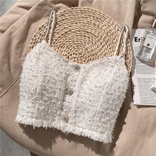 Water Soluble Lace Sling Camisoles Women Button Stitching Elegant Corset Skinny Crop Top Sexy Female Street Camis White Tank Top