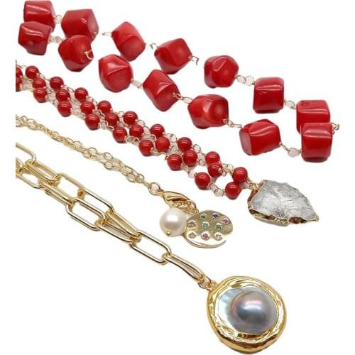 Y·YING Red Coral Gold color Plated Chain Necklace Mabe Pearl Quartzs Pendant 17"