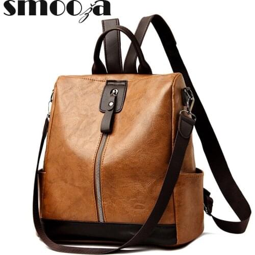SMOOZA Women Backpacks Leather Vintage Bags 2021 New Travel Ladies Bagpack Multi-purpose Backpack Large Capacity Package