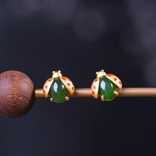 Natural 925 sterling silver inlaid hetian jasper jade ladybug simple retro earrings jewelry individuality for woman earings