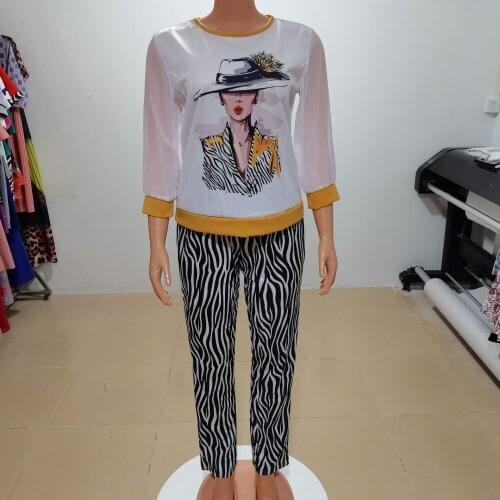 2 Piece Women Set Stripe Pants And Long Sleeve O-Neck Shirt Blouse Top 2021 Fashion Print Irregular Office Lady Suit Outfits