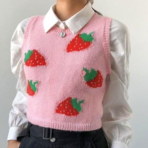 Strawberry Pattern Sweater Vest Girls Sweet Sleeveless Sweater Top Stylish Round Neck Crop Vest Top Clothes for Women