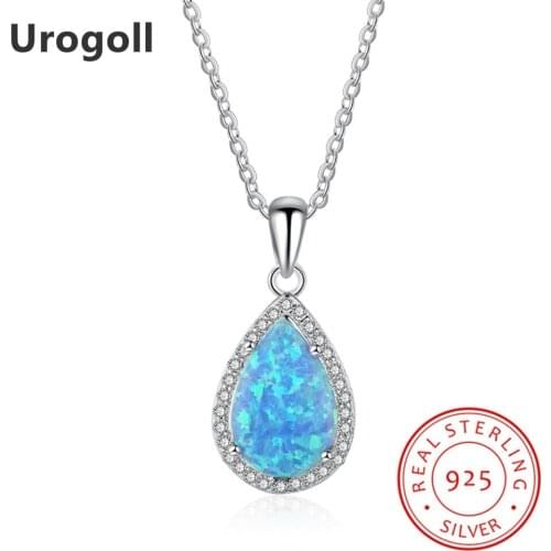 New Fine Jewelry Genuine 925 Sterling Silver Cubic Zirconia & Blue Opal Pendant Necklaces For Women Party Jewelry Gifts