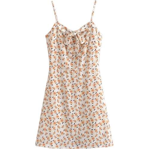 Summer ladies small floral print suspender sling dress bow dress sexy vacation beach dress