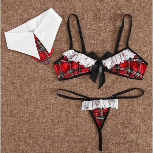3pcs/Set Student Cosplay Women Sexy Lingerie Set Schoolgirl Student cosplay Plaid Uniform Costumes Exotic Outfit