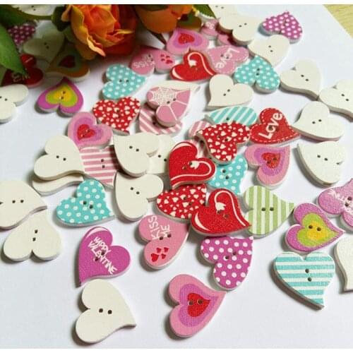 50pcs/lot Mixed Wooden Buttons Heart Pattern 2 Holes Decoration Buttons Sewing Accessories botones Craft diy Scrapbooking